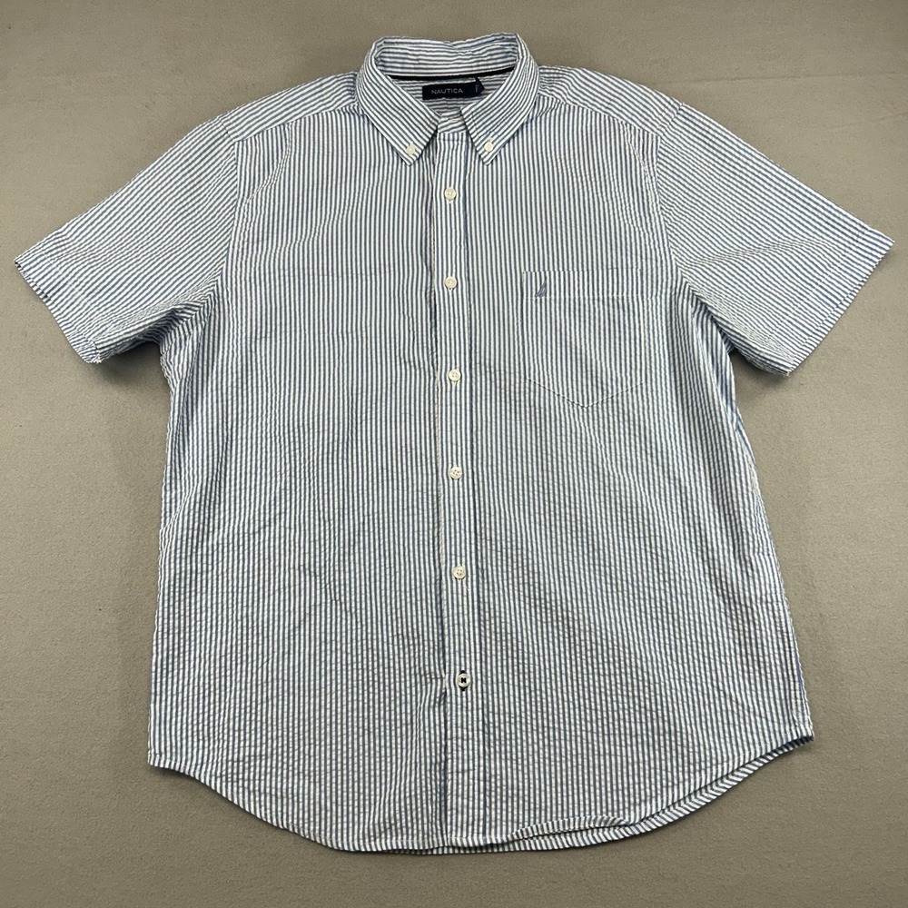 Nautica Mens Blue/whiteSeersucker Button Down Shirt Sz L Resort Wear Vaca